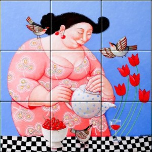 reproduction of Tea Time on ceramic tiles tableaus by Ada Breedveld made by Dutch Art Reproductions