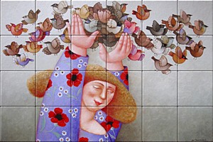 reproduction of All Birds Fly on ceramic tiles tableaus by Ada Breedveld made by Dutch Art Reproductions