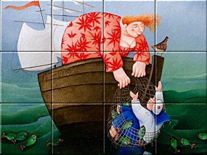 reproduction of Lucky By-catch on ceramic tiles tableaus by Ada Breedveld made by Dutch Art Reproductions