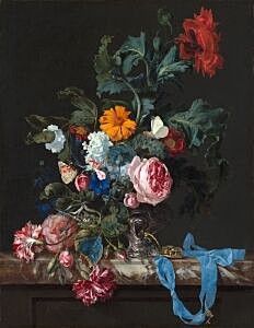 Image of our reproduction of Flower Still Life with a Timepiece by Willem van Aelst on canvas, small