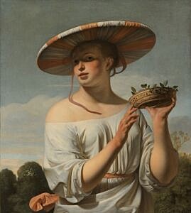 Afbeelding van onze reproductie van Meisje met een brede hoed by Ceasar Boetius van Everdingen op canvas, klein