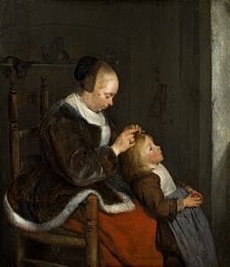 Afbeelding van onze reproductie van De luizenjacht by Gerard ter Borch op canvas, klein