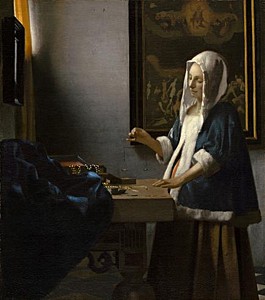 Afbeelding van onze reproductie van Vrouw met een weegschaal by Johannes Vermeer op canvas, klein