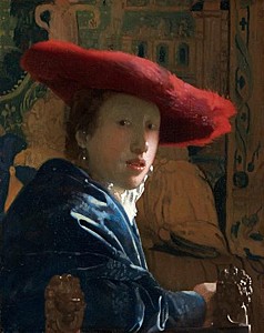 Afbeelding van onze reproductie van Meisje met de rode hoed by Johannes Vermeer op canvas, klein