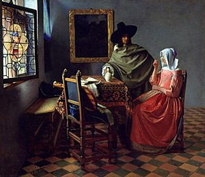 Afbeelding van onze reproductie van Het glas wijn by Johannes Vermeer op canvas, klein