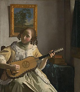 Afbeelding van onze reproductie van De gitaarspeelster by Johannes Vermeer op canvas, klein