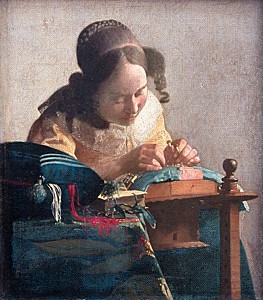 Afbeelding van onze reproductie van De kantwerkster by Johannes Vermeer op canvas, klein