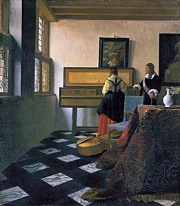 Afbeelding van onze reproductie van De muziekles by Johannes Vermeer op canvas, klein