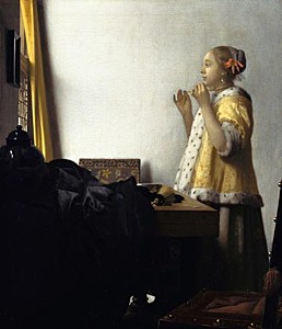 Afbeelding van onze reproductie van Vrouw met parelsnoer by Johannes Vermeer op canvas, klein