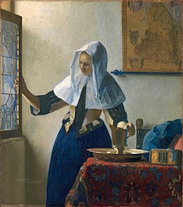 Afbeelding van onze reproductie van Vrouw met waterkan by Johannes Vermeer op canvas, klein