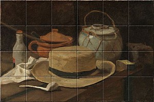 reproduction of Still Life with Straw Hat on ceramic tiles tableaus by Vincent van Gogh made by Dutch Art Reproductions
