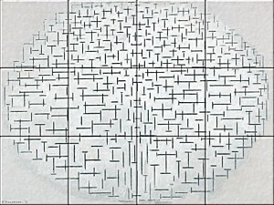 reproduction of Composition 10 in Black and White on ceramic tiles tableaus by Piet Mondriaan made by Dutch Art Reproductions