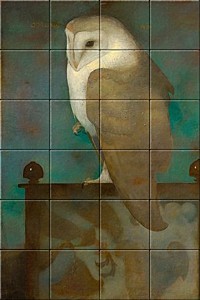 reproduction of Big owl on screen on ceramic tiles tableaus by Jan Mankes made by Dutch Art Reproductions