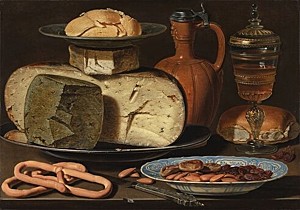 Image of our reproduction of Still Life with Cheeses, Almonds and Pretzels by Clara Peeters on canvas, small