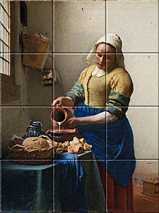 reproduction of The Milkmaid on ceramic tiles tableaus by Johannes Vermeer made by Dutch Art Reproductions