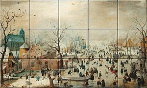 reproduction of Winter Landscape with Ice Skaters on ceramic tiles tableaus by Hendrick Avercamp made by Dutch Art Reproductions