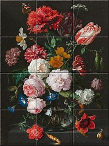 reproduction of Still Life with Flowers in a Glass Vase on ceramic tiles tableaus by Jan Davidsz. de Heem made by Dutch Art Reproductions
