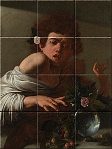 reproductie van Boy bitten by a Lizard op Keramische tegeltableaus door Michelangelo Merisi da Caravaggio gemaakt door Dutch Art Reproductions