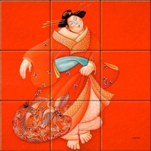 reproduction of Japanese Danser on ceramic tiles tableaus by Ada Breedveld made by Dutch Art Reproductions