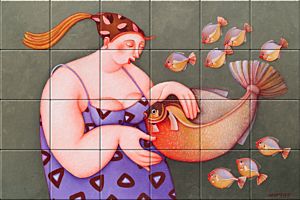 reproduction of Mama Fish on ceramic tiles tableaus by Ada Breedveld made by Dutch Art Reproductions