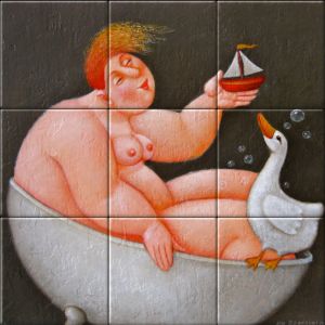 reproduction of In the Tub on ceramic tiles tableaus by Ada Breedveld made by Dutch Art Reproductions