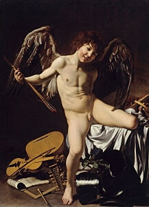 Afbeelding van onze reproductie van Amor Vincit Omnia by Michelangelo Merisi da Caravaggio op canvas, klein