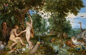 Afbeelding van onze reproductie van Het aardse paradijs met de zondeval van Adam en Eva by Peter Paul Rubens op canvas, klein