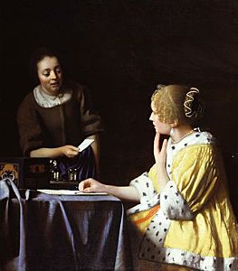 Afbeelding van onze reproductie van Dame en dienstbode by Johannes Vermeer op canvas, klein