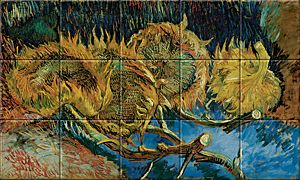 reproduction of Four Sunflowers gone to Seed on ceramic tiles tableaus by Vincent van Gogh made by Dutch Art Reproductions