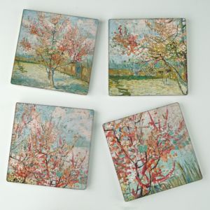 Image of our reproduction of Pink Peach Trees (Souvenir de Mauve) by Vincent van Gogh on ceramic coaster sets, small