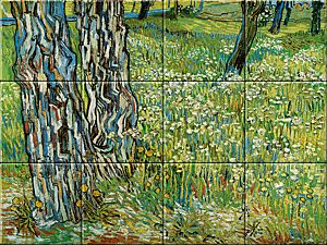 reproduction of Tree Trunks in the Grass on ceramic tiles tableaus by Vincent van Gogh made by Dutch Art Reproductions