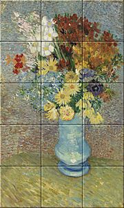 reproduction of Flowers in a Blue Vase on ceramic tiles tableaus by Vincent van Gogh made by Dutch Art Reproductions