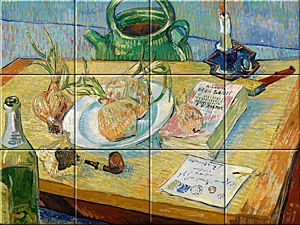 reproduction of Still Life with a Plate of Onions on ceramic tiles tableaus by Vincent van Gogh made by Dutch Art Reproductions