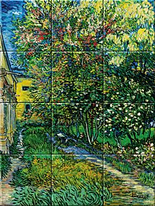 reproduction of The Garden of the Asylum at Saint-Remy on ceramic tiles tableaus by Vincent van Gogh made by Dutch Art Reproductions