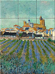 reproduction of View of Saint-Maries-de-lar-Mer on ceramic tiles tableaus by Vincent van Gogh made by Dutch Art Reproductions