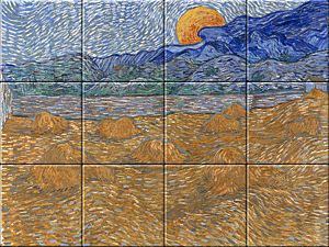 reproduction of Landscape with Wheat Sheaves and Rising Moon on ceramic tiles tableaus by Vincent van Gogh made by Dutch Art Reproductions