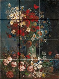 reproduction of Still Life with Meadow Flowers and Roses on ceramic tiles tableaus by Vincent van Gogh made by Dutch Art Reproductions