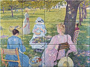 reproduction of The Orchard on ceramic tiles tableaus by Théo van Rysselberghe made by Dutch Art Reproductions