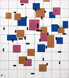 reproduction of Composition in Colour A on ceramic tiles tableaus by Piet Mondriaan made by Dutch Art Reproductions
