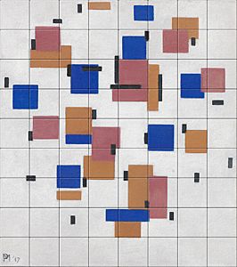 reproduction of Composition in Colour B on ceramic tiles tableaus by Piet Mondriaan made by Dutch Art Reproductions