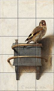 reproduction of The Goldfinch   on ceramic tiles tableaus by Carel Fabritius made by Dutch Art Reproductions