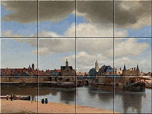 reproduction of View of Delft   on ceramic tiles tableaus by Johannes Vermeer made by Dutch Art Reproductions