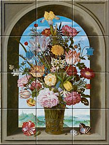 reproduction of Vase of Flowers in a Window on ceramic tiles tableaus by Ambrosius Bosschaert de Oude made by Dutch Art Reproductions