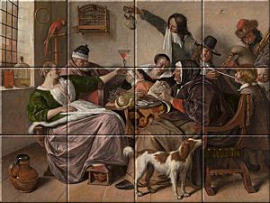 reproduction of As the Old Sing, So Pipe the Young on ceramic tiles tableaus by Jan Havicksz. Steen made by Dutch Art Reproductions