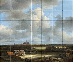 reproduction of View of Haarlem with Bleaching Grounds on ceramic tiles tableaus by Jacob van Ruisdael made by Dutch Art Reproductions