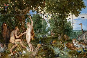 reproduction of The Garden of Eden with the Fall of Man on ceramic tiles tableaus by Peter Paul Rubens made by Dutch Art Reproductions