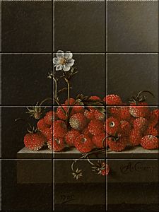reproduction of Still Life with Wild Strawberries on ceramic tiles tableaus by Adriaen Coorte made by Dutch Art Reproductions