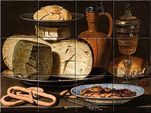 reproduction of Still Life with Cheeses, Almonds and Pretzels on ceramic tiles tableaus by Clara Peeters made by Dutch Art Reproductions