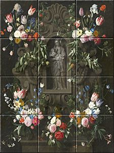 reproductie van Garland of Flowers surrounding a Sculpture of the Virgin Mary op Keramische tegeltableaus door Daniël Seghers gemaakt door Dutch Art Reproductions