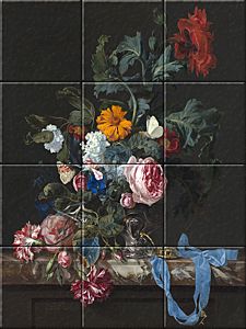 reproduction of Flower Still Life with a Timepiece on ceramic tiles tableaus by Willem van Aelst made by Dutch Art Reproductions